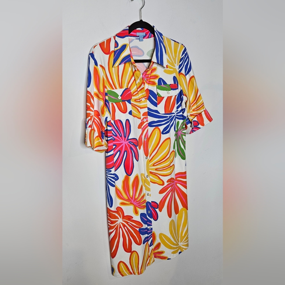 J. McLaughlin Floral Colorful Catalina Cloth Womens LG‎ Collar Shift Dress RARE - Picture 2 of 5
